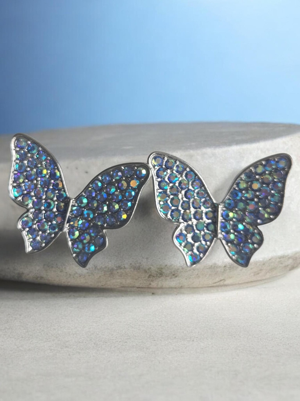 Silver Butterfly Stud Earrings with Iridescent Blue Crystals -